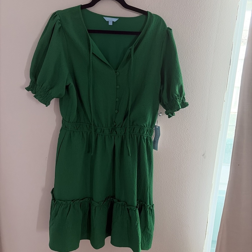 NWT DRAPER JAMES RSVP GREEN PUFF SLEEVE TIE NECK SHORT‎ DRESS L